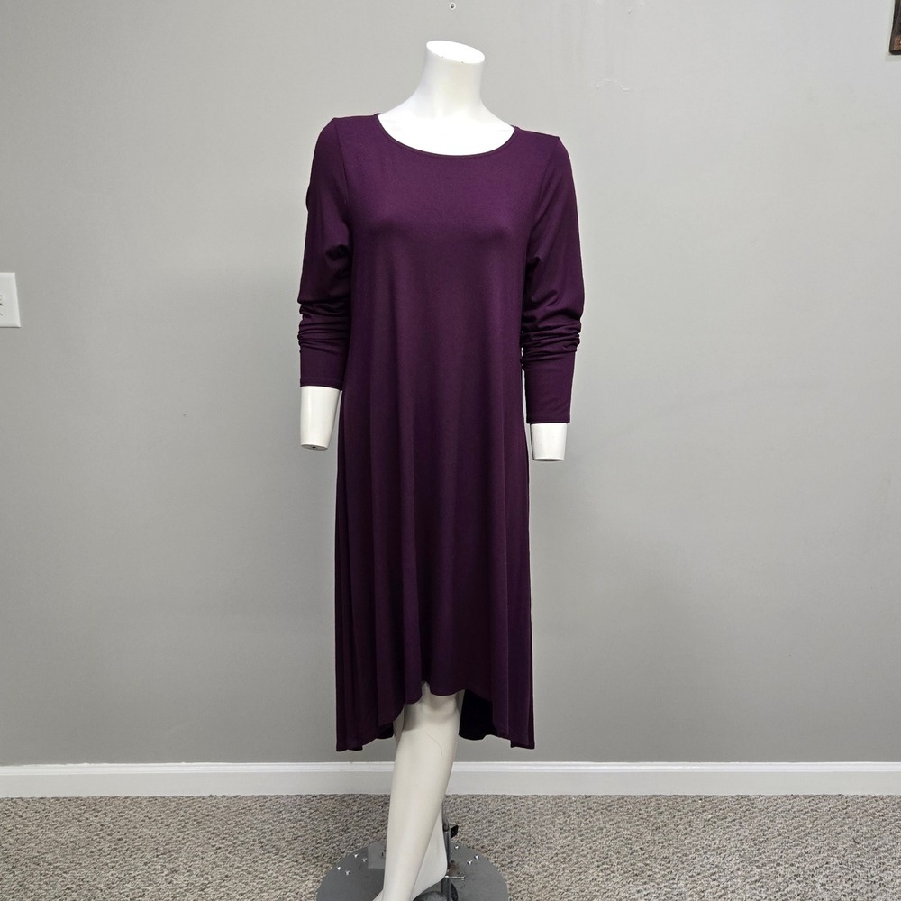 Eileen Fisher Midi Dress‎ Medium Plum Purple Fine Jersey High Low Scandi Comfort